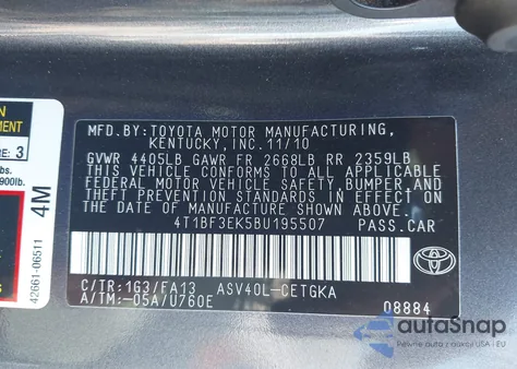 2011 Toyota Camry Xle z USA, uszkodzony, nr VIN 4T1BF3EK5BU195507